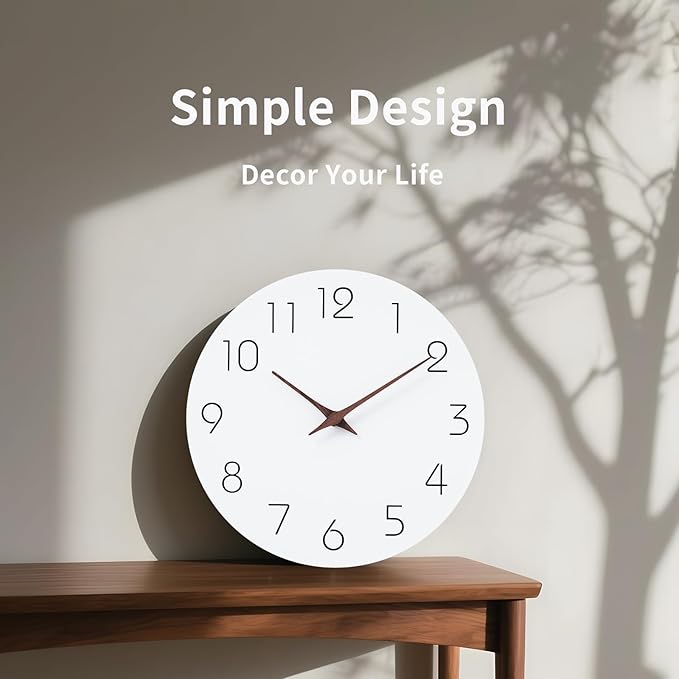 Mosewa Wall Clock 14 Inch White Silent Non Ticking Battery Operated Simple Minimalist Wooden Clock Decorative for Kitchen Bathroom Home Bedroom Living Room Office