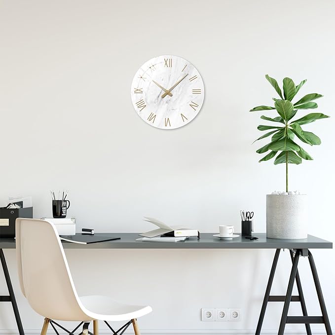 Round Marble Battery Wall Clock Modern 14 Inch White Minimalist Wall Clock for Kitchen Quartz Glass Slient Clock for Wall