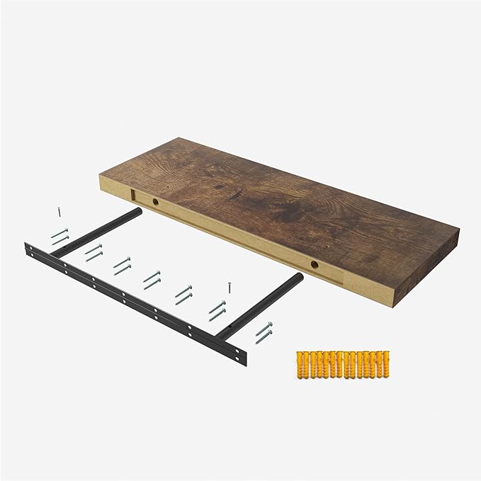 Floating Shelf, Set of 2 Wall Shelf, 24 in W x 12.75 in D x 2 in H Wooden Floating Wall Shelf with Invisible Brackets for Living Room/Bedroom/Bathroom/Kitchen Storage and Decor, Rustic Brown