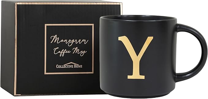 COLLECTIVE HOME - Monogram Ceramic Mugs, 15 oz Golden Initial Black Coffee Cups, Elegant Alphabet Tea Mugs, Elegant Personalized Mug with Gift Box, Unique Mug with Double Side Capital Lette (Y)