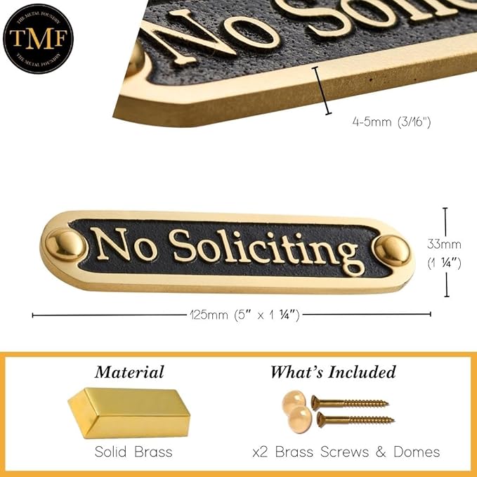 No Soliciting Brass Door Sign. Traditional Style Home Décor Wall Plaque Handmade By The Metal Foundry UK.