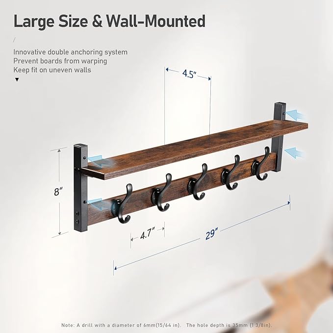 Tatub 29" Rustic Coat Rack Wall Mount with Shelf, Entryway Wall Hooks with Shelf, Coat Hangers for Bathroom, Living Room, Bedroom, Rustic Black