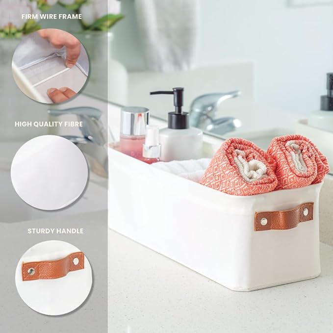 OrganiHaus Narrow Storage Bins 15x06in, Small Closet Bins for Shelves, Bathroom Storage Baskets for Shelves, Narrow Baskets, Fabric Organizer with Handles, Toilet Paper Organizer - 2 Pack, Off-White