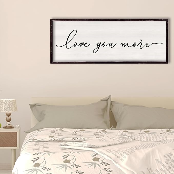 Love You More Above Bed Wall Decor Sign 32"×12" for Master Bedroom Over Bed Large Simple Wood Framed Hanging Wall Art (Black)