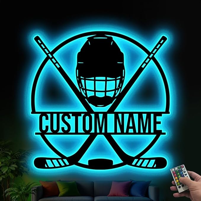 Hockey LED Wall Art with Remote – Custom Name Light Up Sign for Boys Room, Unique Gift for Hockey Players, Sports Lovers, Fans, Coaches, Man Cave, Hockey Wall Décor