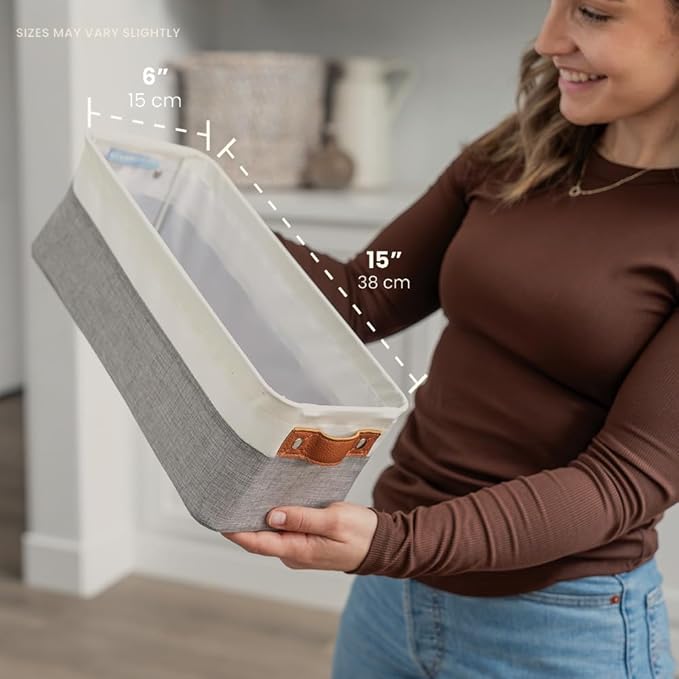 OrganiHaus Narrow Storage Bins 15x06in, Small Closet Bins for Shelves, Bathroom Storage Baskets for Shelves, Narrow Baskets, Fabric Organizer with Handles, Toilet Paper Organizer - 2 Pack, Gray