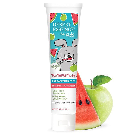 Desert Essence, Green Apple Watermelon Toothpaste Kids Gel, 4.7 oz. - Safe to Swallow, Fluoride Free, SLS Free, Gluten-Free, Vegan, Plant Powered Formula, Great Tasting, Removes Plaque and Buildup