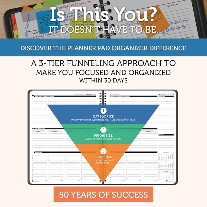 Planner Pad Spiral Bound 3-Tier Funnel Down 12 Month Organizer, October 2025 – September 2026, Black Cover/Black Ink, 8 1/2" x 11"