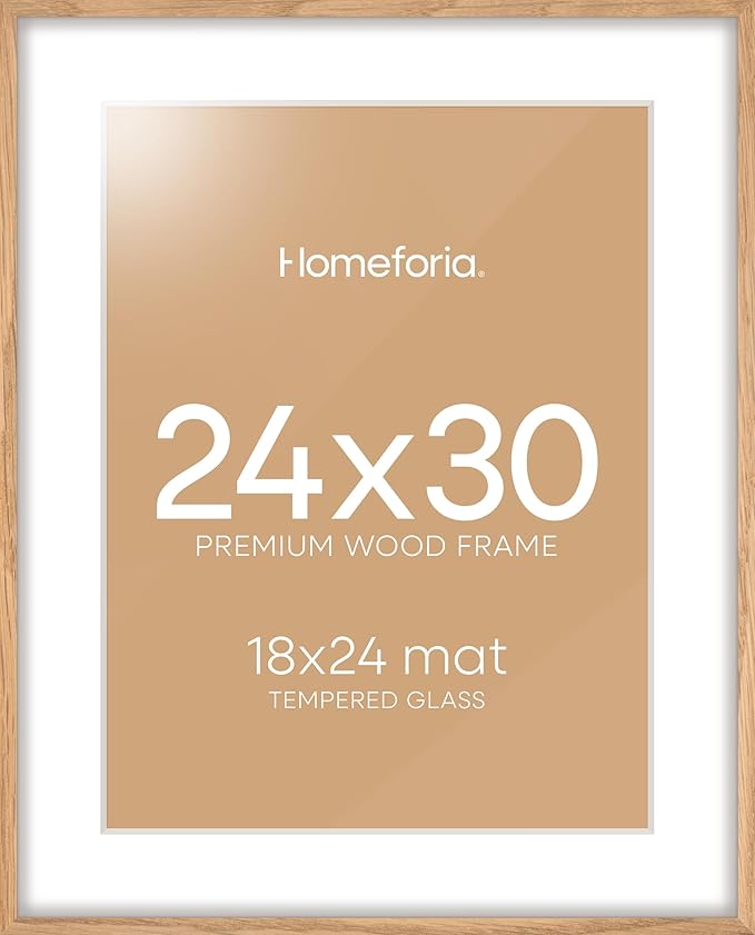 Homeforia 24x30 Picture Frame Wood, High End Natural Oak 24 x 30 Frame with Mat 18 by 24, 24x30 Light Wooden Poster Frames Matted to 18x24 Photo, 30by24 Large Frame, Tempered Glass, Wall Kit, Set of 1
