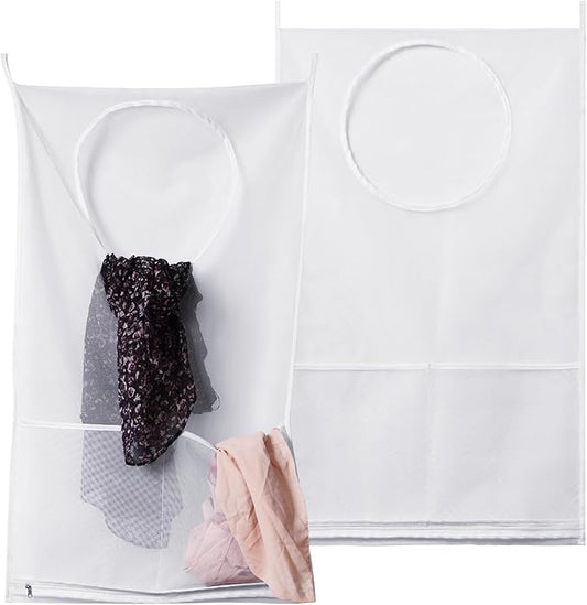 Saves Space Door-Hanging Laundry Bag,Door Hanging Laundry Hamper with 2 Different Types of Hooks, Polyester Fabric Hanging Laundry Basket for Clothes Size 22"X37" -2 Pack White