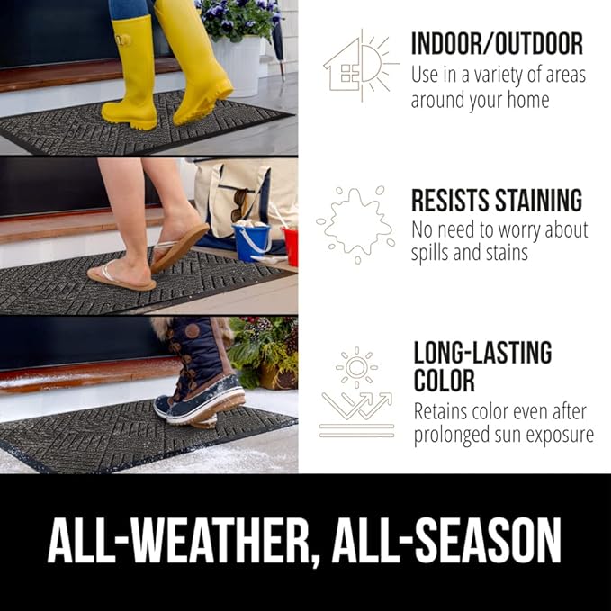 GORILLA GRIP 100% Waterproof All-Season WeatherMax Doormat US Designed Natural Rubber, Stain and Fade Resistant, Low Profile Indoor Outdoor Door Mats, Easy Clean Patio Mat, 17x29, Gray Diamond