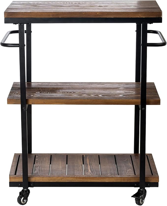 Bar Carts for The Home, Rolling Home Bar Serving Cart on Wheels, 3 Tier Portable Bar Cart, Rolling Coffee Cart with Lockable Wheels, Rustic Burnt Solid Wood and Industrial Matte Black Metal