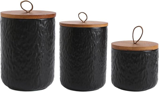 Kitchen Canisters for Countertop, Ceramic Coffee Canisters with Airtight Lids Food Storage Jars Sugar Container for Kitchen Counter Tea, Coffee Beans, Spice (#001Black-Set of 3)