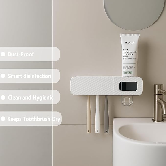Smart Toothbrush Holder for Bathrooms, Toothbrush Cleaner Wall Mounted, Automatic Toothpaste Dispenser for Equipped with 3 Slots (White)