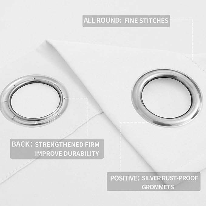 Easy-Going Blackout Curtains for Bedroom, Solid Thermal Insulated Grommet and Noise Reduction Window Drapes, Room Darkening Curtains for Living Room, 2 Panels (52x108 in,White)