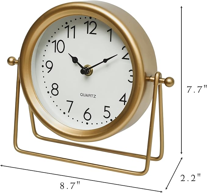 Vintage Golden Table Clock - Elegant Battery Operated Office, Living Room, and Bedroom Clock with Minimalist Design Gold Table Decor 22x19.5x5.5cm