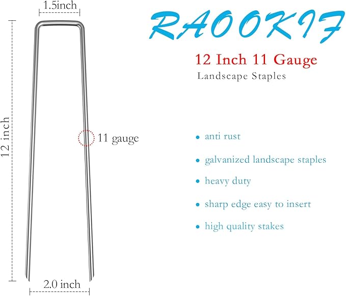 RAOOKIF 12 Inch Galvanized Garden Landscape Staples, 20/50/100/200Pcs Garden Metal Stakes, 11 Gauge Heavy Duty Ground Stakes for Decoration, Fence, Lawn, Fabric Pins