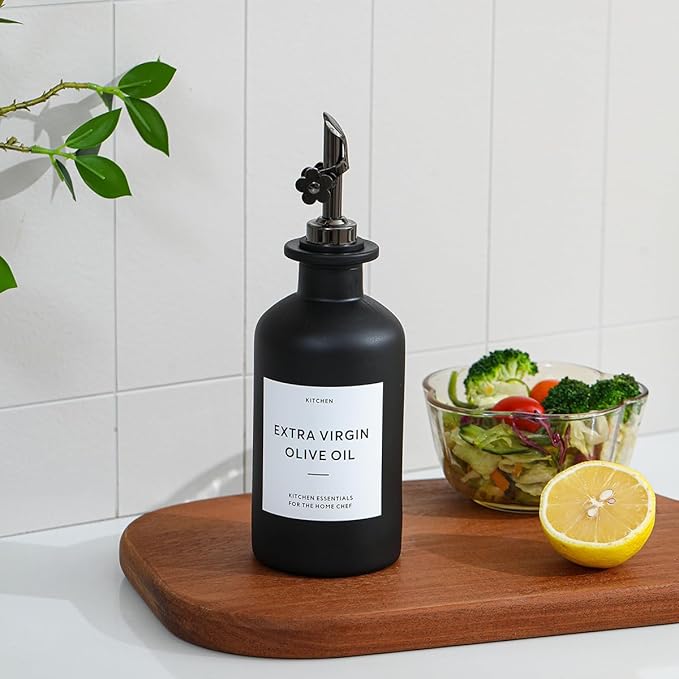 HOMCDALY Olive Oil Dispenser for Kitchen, 11.8oz Glass Kitchen Dispenser Bottle, Black Oil&Vinegar Cruet Set, Leakproof Olive Oil Bottles | Set of 2 (11.8oz – Black)
