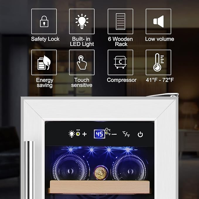 Tylza 12" Wine Cooler Refrigerator, 18 Bottle Wine Fridge Built-in or Freestanding with Stainless Steel & Double-Layer Tempered Glass Door, Compressor Fast Cooling, Low Noise and No Fog, Mini Fridge