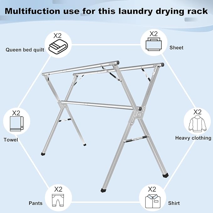 Sarahipe Sillars Clothes Drying Rack, 94.5 inches Laundry Drying Rack Clothing Foldable & Collapsible Stainless Steel Heavy Duty Clothing Drying Rack with Windproof Hooks for Indoor Outdoor
