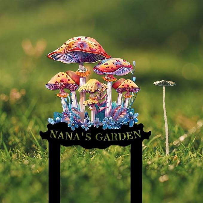 Personalized Mushroom Metal Sign with Stake,Custom Gardener Family Name Signs Outdoor Decor,Customized Flowers Gardening Birthday Gifts,Butterfly Plaque for Patio Lawn Porch Backyard Front Door Garage