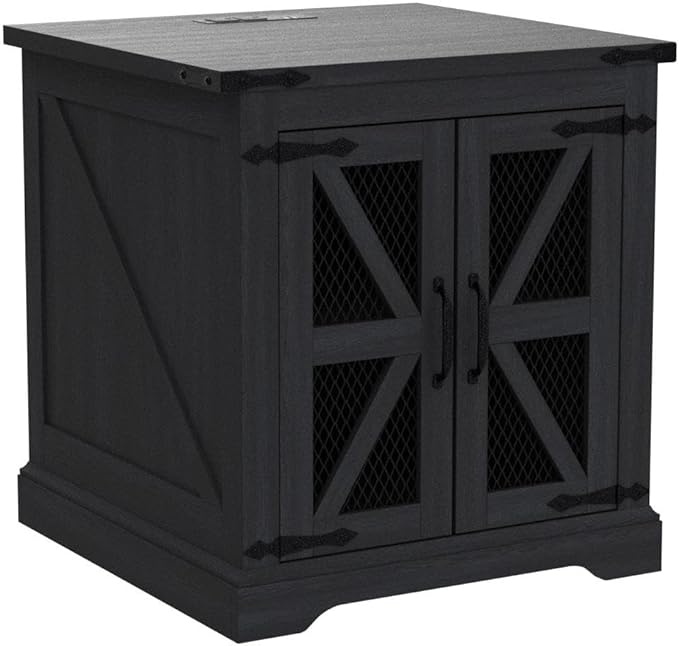 JXQTLINGMU Farmhouse End Table, 24" Large Sofa Side Table with Charging Station, Mesh Barn Door, and Adjustable Storage Shelf, Rustic Wood Square Nightstand for Living Room, Bedroom, Office, Black