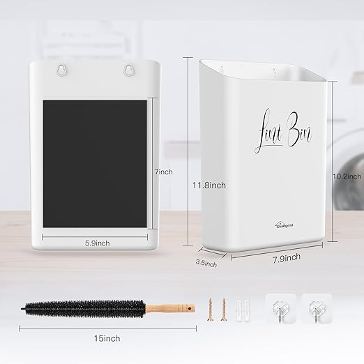 Sealegend Magnetic Lint Bin for Laundry Room with Dryer Lint Brush, Wall Mounted Trash Can Space-Saving Laundry Organization and Storage, White