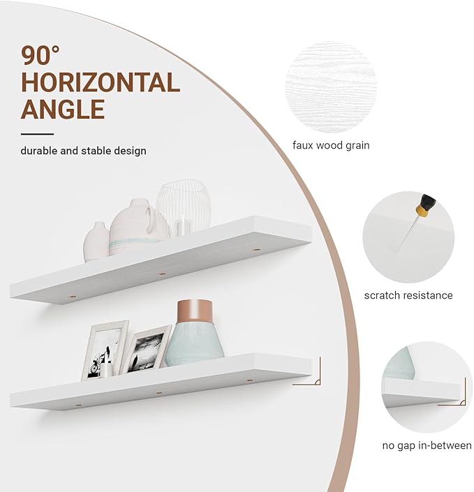 Heimlove 55 Inch Long Floating Shelves for Wall,9.3" Deep White Floating Shelves Set of 2,Large Display Shelf & Storage Shelf,Wall Mounted Shelves for Bedroom Living Room Kitchen Office