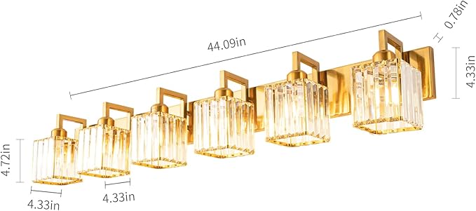 Modern Crystal Bathroom Vanity Light - 6-Lights Gold Brushed Brass Finish Wall Lamp