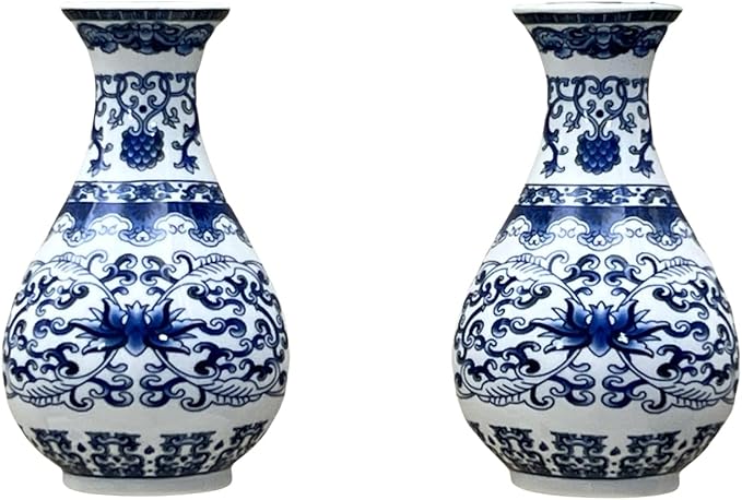 Set of Two Blue and White Porcelain Wall Vases for Flowers – Handmade Chinoiserie Ceramic Wall Mounted Flower Vase, Decorative Hanging Vases for Living Room, Bookshelf & Indoor Décor