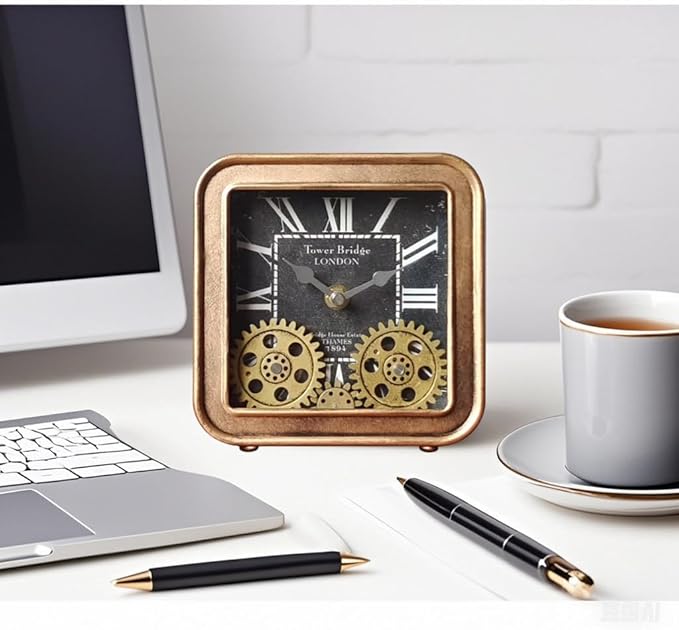 Desk Clock Vintage Metal Table Clocks with Moving Gears, Silent Retro Industrial Steampunk Quartz Small 6 inch End Table Clock for Home Office Living Room Decor Battery Operated (Gold)