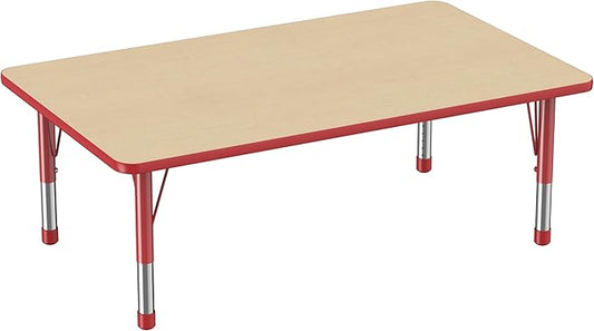 Factory Direct Partners FDP Rectangle Activity School and Classroom Kids Table (36 x 60 inch), Toddler Leg, Adjustable Height 15-24 inches - Maple Top and Red Edge