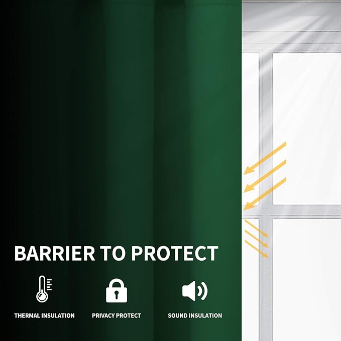 Easy-Going Blackout Curtains for Bedroom, Solid Thermal Insulated Grommet and Noise Reduction Window Drapes, Room Darkening Curtains for Living Room, 2 Panels (52x63 in,Dark Green)