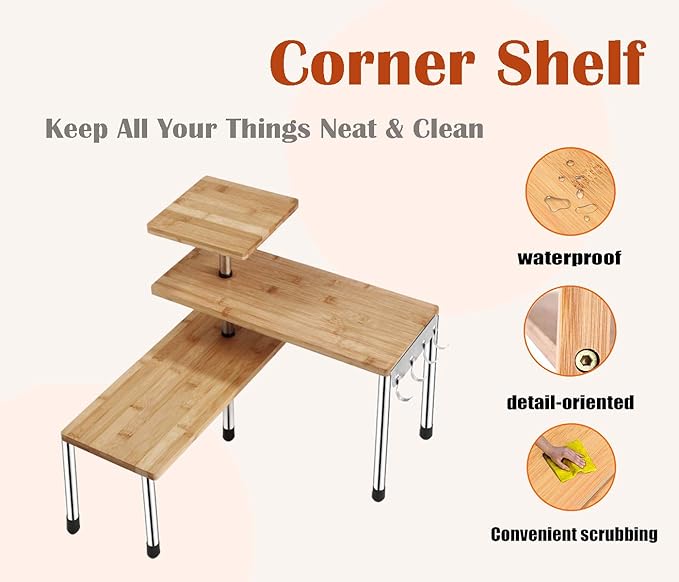HYNAWIN Corner Shelf Bamboo & Metal Storage Spice Rack, 3 Tier Desk Bookshelf Display Shelves Space Saving Organizer, Adjustable Rack for Kitchen, Bed Room, Office-Best Home Décor (Upgraded Shelf)