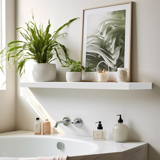 LaVie Home Floating Shelves, 24 Inch Wall Shelf Set of 2, Hanging Shelf with Invisible Brackets, Wall Decor for Bathroom, Bedroom, Living Room, Kitchen Storage, Modern White