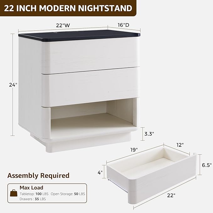 Nightstand Set of 2 with Charging Station, 22" Large Modern Bedside Table with 2 Drawers Storage,Push-to-Open End Table for Bedroom,Living Room,Off White