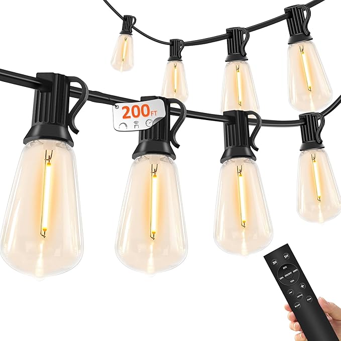200FT Outdoor Lights for Patio – Dimmable String Lights for Outside with Remote – LED Hanging Lihgts Waterproof Shatterproof ST38 Edison Bulbs for Backyard Cafe Bistro Porch Christmas Party