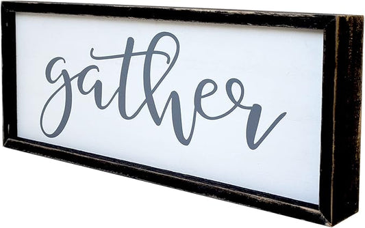 Gather Sign for Home Decor in Grey - Farmhouse Kitchen Dining Room Wall Decor - Rustic Wall Decoration Solid Wood Thick Black Frame 12x5 Inches
