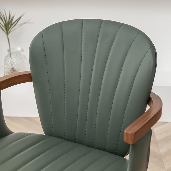 LUNLING Swivel Dining Chairs Set of 4, Mid Century Modern Green Faux Leather Kitchen Chairs with Arms,Bamboo Legs Side Chairs No Wheels,Accent Chair for Dining Rooms and Offices