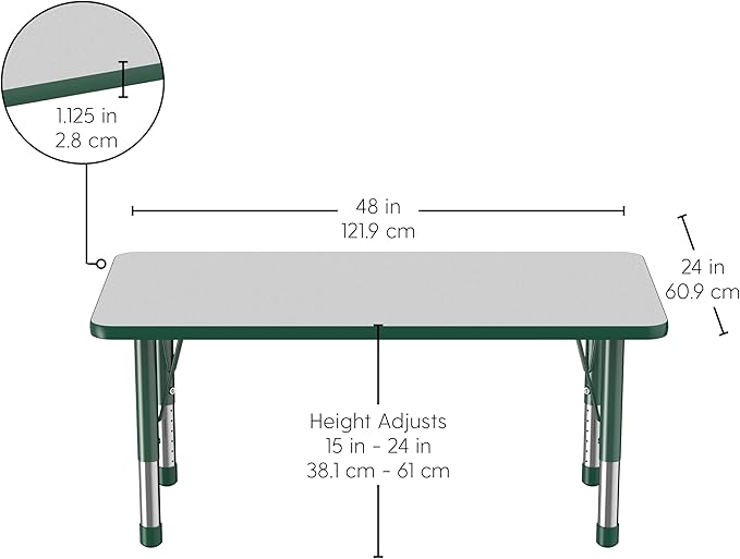 FDP Rectangle Activity School and Kids Classroom Table (24 x 48 inch), Toddler Legs, Adjustable Height 15-24 inches - Gray Top and Green Edge