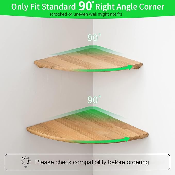 Corner Shelves, Floating Corner Shelf, Set of 2 12inch Solid Oak Wood Wall Shelves, Round End Wall Mount Display Shelf with Wire Hole for Bedroom Kitchen, Living Room