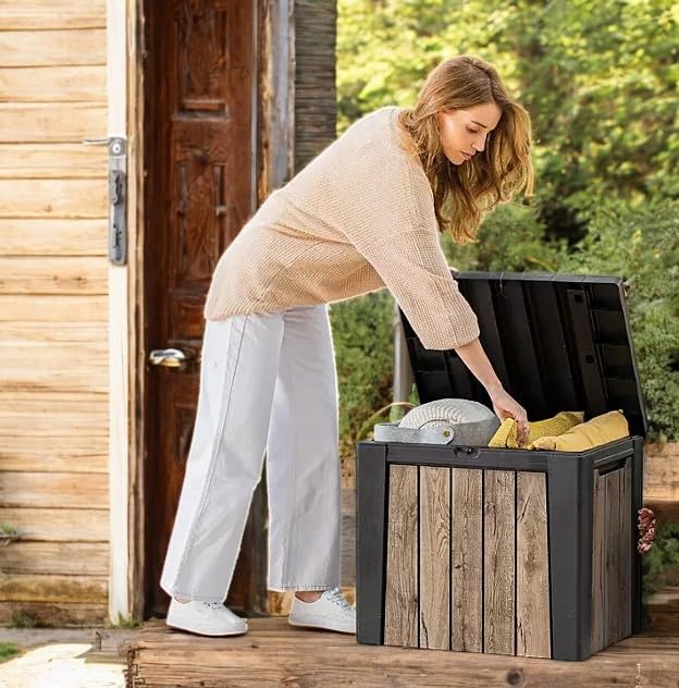Outdoor Storage Box, Wood-Look Resin Deck Container, Indoor/Outdoor Storage, Ash Wood Brown (30 Gallon)