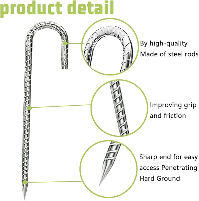 Rebar-Stakes-12-Inch, Ground Stakes Heavy Duty J-Hook Galvanized Anti-Rust Heavy Duty Ground Anchors for Garden Dog Fence Chicken Coop Christmas Decorations Deer Fence 10pcs