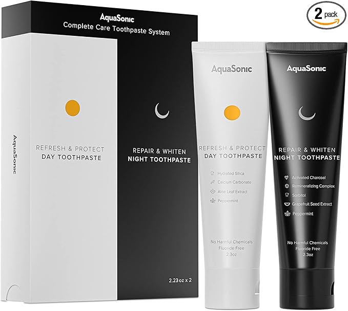 AquaSonic Complete Care Toothpaste - Refresh & Protect Day, Repair & Whiten Night - Fluoride Free Natural, Anti-cavity, Anti-plaque, Reharden, Strengthen, Whiten, Detoxify