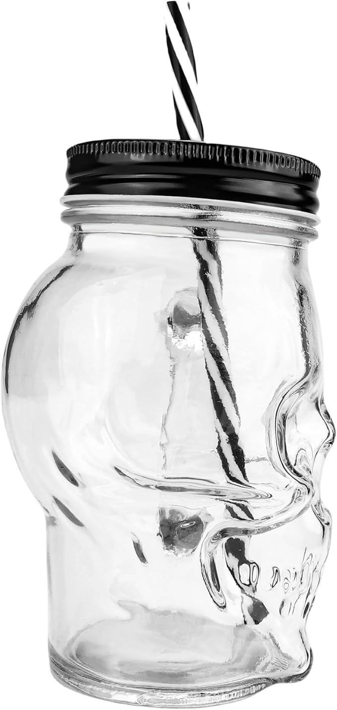 Halloween Cups Set of 4 - Skull Mason Jar with Lids Straws and Handle - Skull Drinking Glasses for Halloween Party Bar Decor (16 oz, Clear)