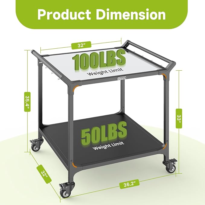 NUUK Grill Cart for Outdoor 32" x 32" Stainless Steel Pizza Oven Table with Double-Shelf Rolling BBQ Kitchen Food Prep Cart for Garden Patio