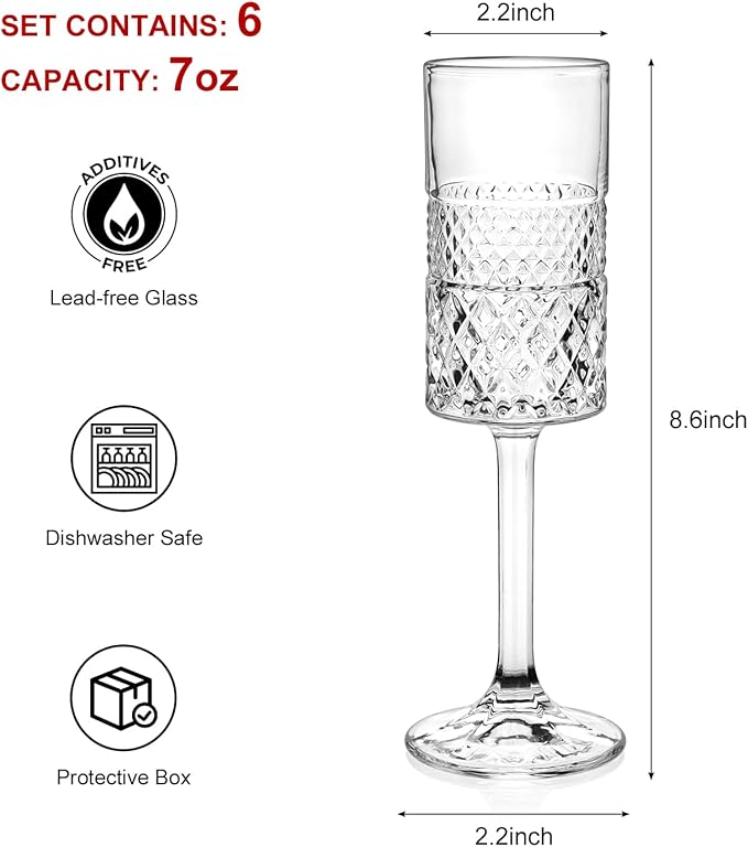 Champagne Flutes Set of 6, 7oz Square Champagne Glasses, Lead-Free Crystal Champagne Flute Glass, Unique Gift for Birthday, Wedding, Anniversary