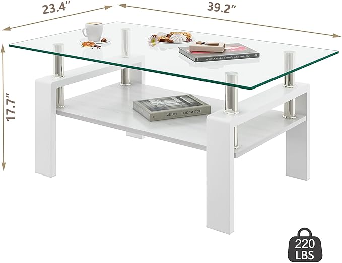 Glass Coffee Table Rectangle Living Room Center Table, with Transparent Tempered Glass Tabletop and White MDF Layer,for Living Room and Office, Transparent +White