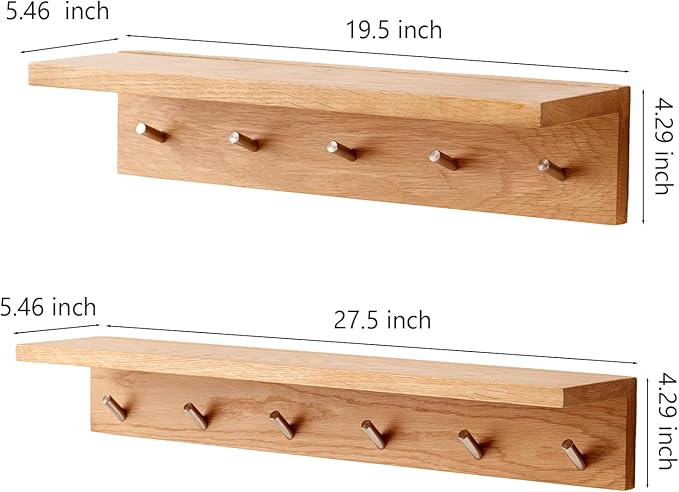 Oak Wood Wall Shelf with 6 Hooks, Entryway Shelf Coat Rack with Hooks Floating Shelves with Hooks for Clothes Hats Towel Purse Robes, Bathroom Mudroom Bedroom (27.5 inch)