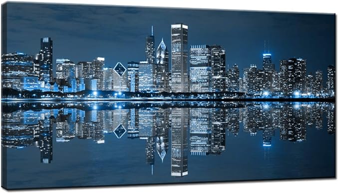 LevvArts Modern City Wall Art Chicago Downtown at Night Picture Print on Canvas Building Artwork for Office Living Room Wall Decoration